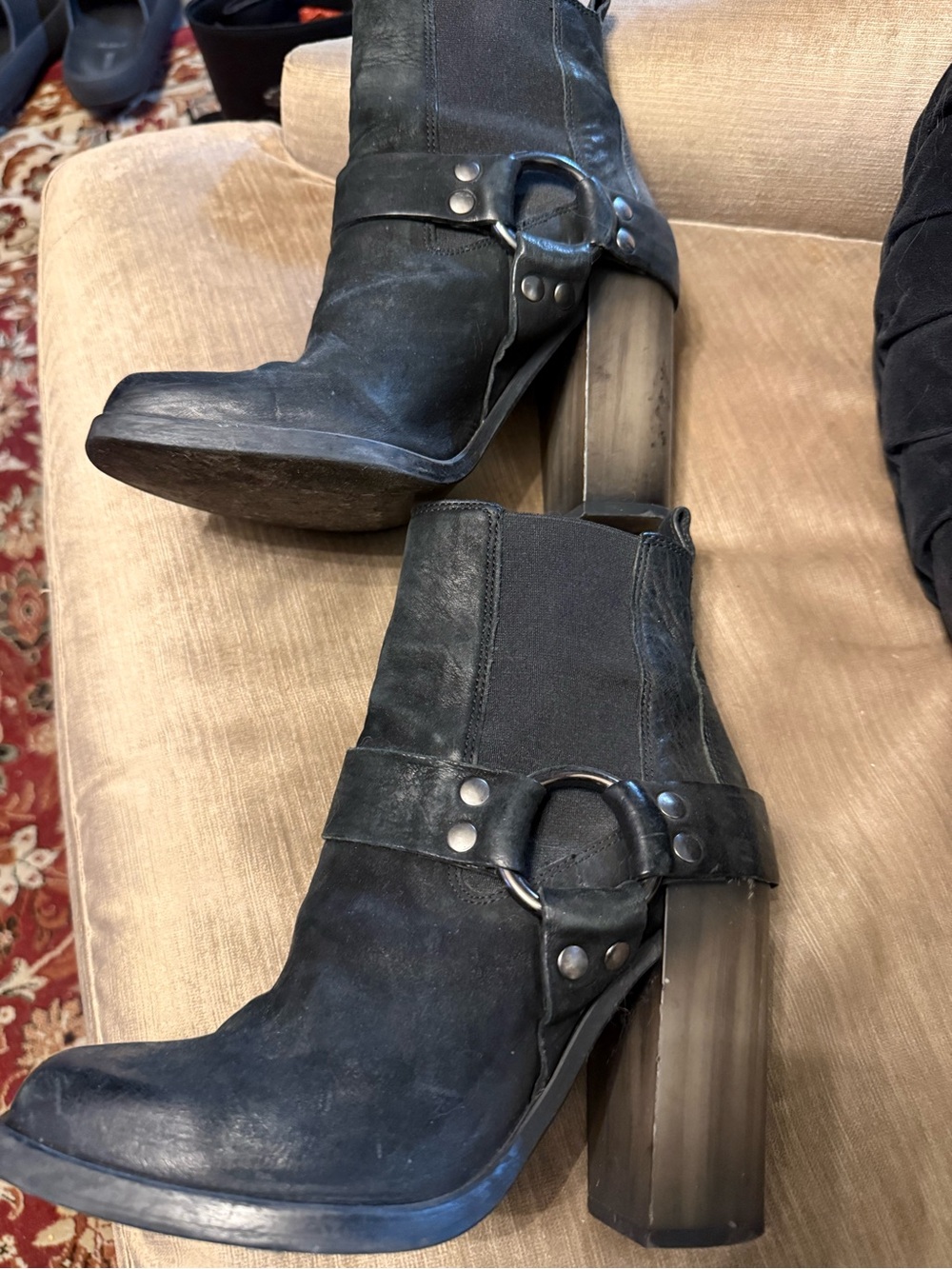 All Saints Black Leather Block Heel Ankle Boots with Ring Strap